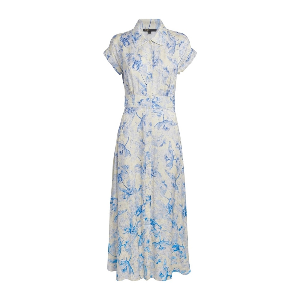 Maje Blue and Cream Satin Floral Patterned maxi dress😍size 36